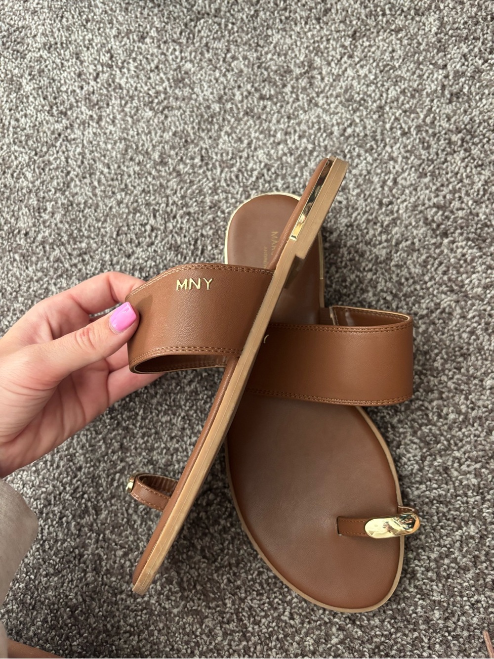 Marc New York Tan Brown Leather Slide Sandals with Gold Accent